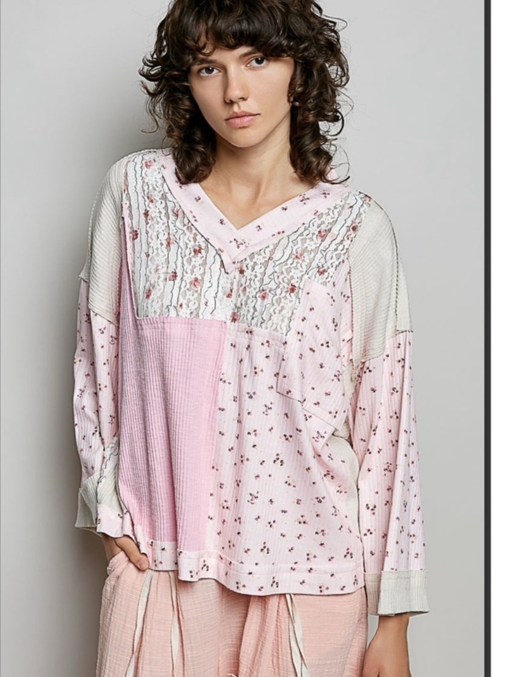 New: POL Boho Pink Floral Patchwork Lace Detail V-Neck Long Sleeve Top• Small